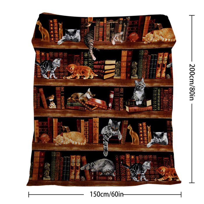 Vintage Kitten Flannel Blanket Cat In The Bookshelf Throw Blanket Librarian Book Lover Gifts Fleece Blankets For Bed Couch Sofa - Image 7