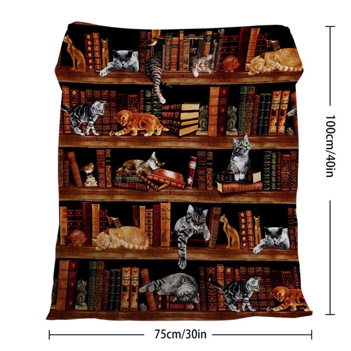 Vintage Kitten Flannel Blanket Cat In The Bookshelf Throw Blanket Librarian Book Lover Gifts Fleece Blankets For Bed Couch Sofa - Image 4