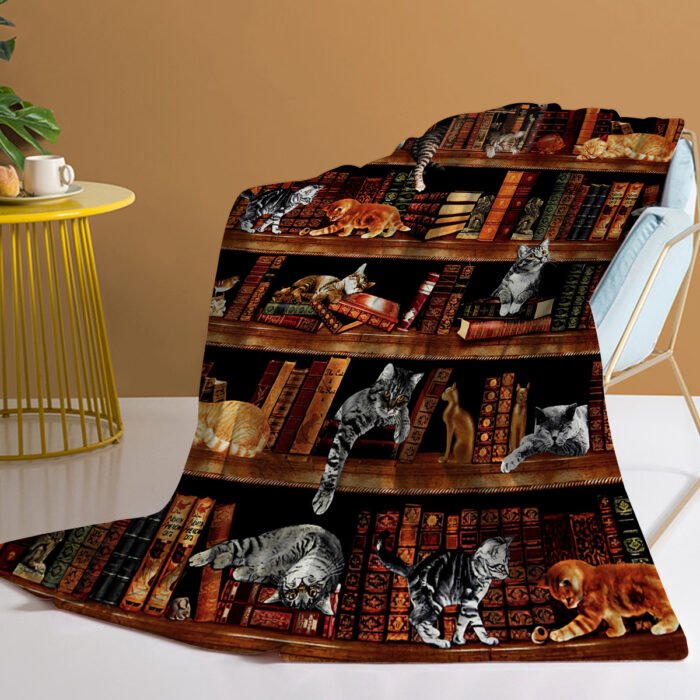 Vintage Kitten Flannel Blanket Cat In The Bookshelf Throw Blanket Librarian Book Lover Gifts Fleece Blankets For Bed Couch Sofa - Image 6