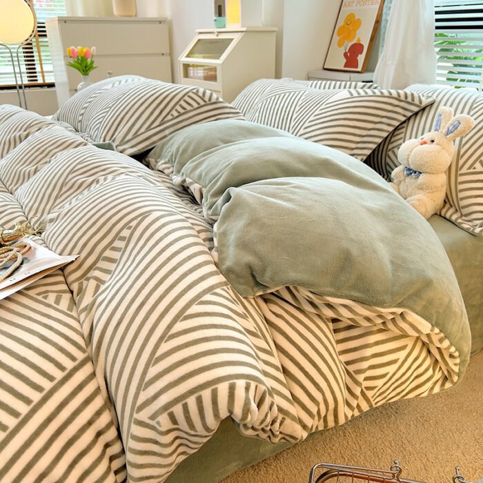 Nordic Striped Coral Fleece Duvet Cover Flannel Sheet Cover Three-piece Set - Image 1