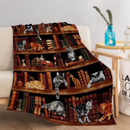 Vintage Kitten Flannel Blanket Cat In The Bookshelf Throw Blanket Librarian Book Lover Gifts Fleece Blankets For Bed Couch Sofa