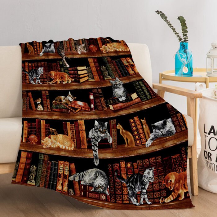 Vintage Kitten Flannel Blanket Cat In The Bookshelf Throw Blanket Librarian Book Lover Gifts Fleece Blankets For Bed Couch Sofa - Image 1