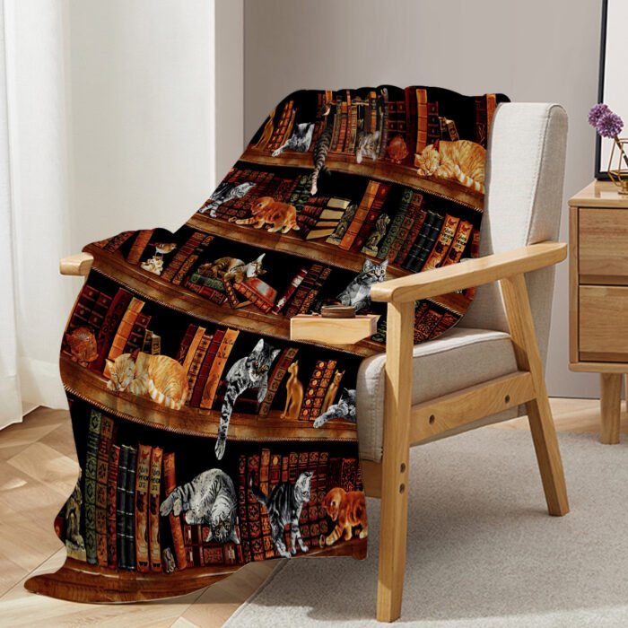 Vintage Kitten Flannel Blanket Cat In The Bookshelf Throw Blanket Librarian Book Lover Gifts Fleece Blankets For Bed Couch Sofa - Image 9